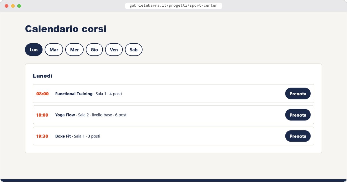 Anteprima del sito demo Scatto Centro Sportivo, calendario corsi navigabile da tastiera